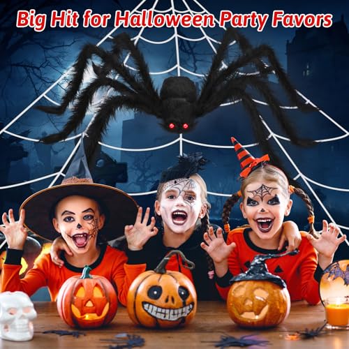 EZIGO Halloween Spider Decorations 3PCS Giant Spider Huge Spider Web Stretch Web Component of Huge Spider and Mega Spider Web Halloween Party Supplies Yard Halloween Outdoor Décor Haunted Decoration