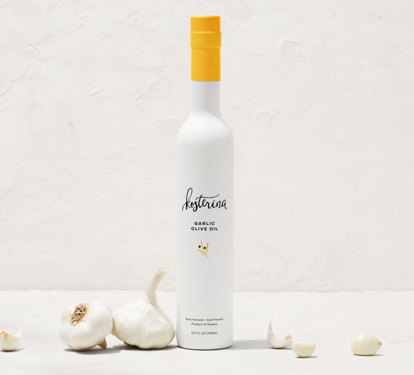 Kosterina - Garlic Olive Oil, Cold-Pressed EVOO, Made from 100% Pure Early Harvested Koroneiki Olives, Authentic Mediterranean Flavors, Incredible Superfood, Smooth & Fresh Taste (12.7 oz)