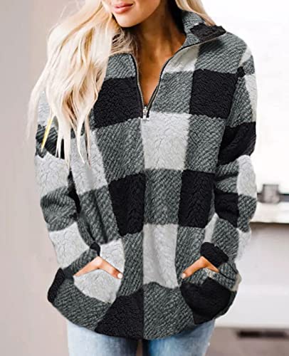 ZESICA Women's Plaid Long Sleeve Zipper Sherpa Fleece Sweatshirt Pullover Jacket Coat with Pockets,Black,Small