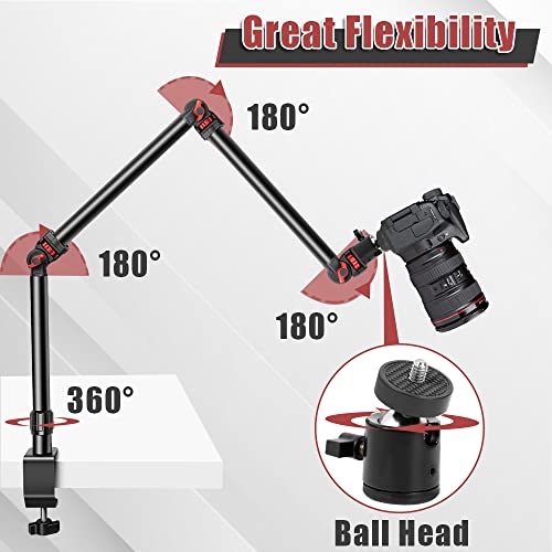 FOUTOUKEEP Overhead Camera Mount with 1/4“ 3/8" 5/8" Screws, Adjustable 3-Section Camera Desk Mount with 180° Range & 360° Base DSLR Camera Stand