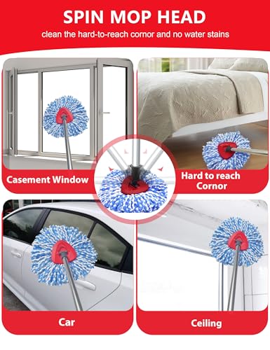 Spin Mop Replace Head Compatible with O-Cedar RinseClean 2 Tank, Mop Replacement Head Handle Base, 2 Microfiber Mop Refills+1 Mop Stick(30-58") +1 Mop Base Combo Set (Blue)