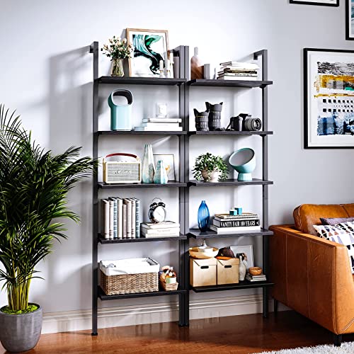 ODK Ladder Shelf, 5 Tier Black Bookshelf, 72 Inch Wall Mounted Book Shelf with Metal Frame, Ladder Bookshelf Bookcase for Bedroom, Home Office and Living Room