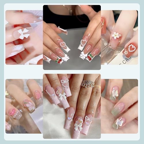 Pink White Bows Flowers Butterfly Pearls for Nails Heart Blossom Flowers Bowknots Acrylic Nail Charms for Manicure DIY Crafts Jewel Accessories