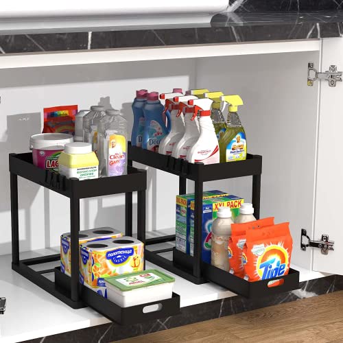 POUGNY 2PC Under Sink Organizer Rack 2 Tier Under Sliding Cabinet Basket Organizer Drawer with 4 Hooks, Multi-purpose Under Sink Storage for Bathroom Kitchen Desktop(Black)
