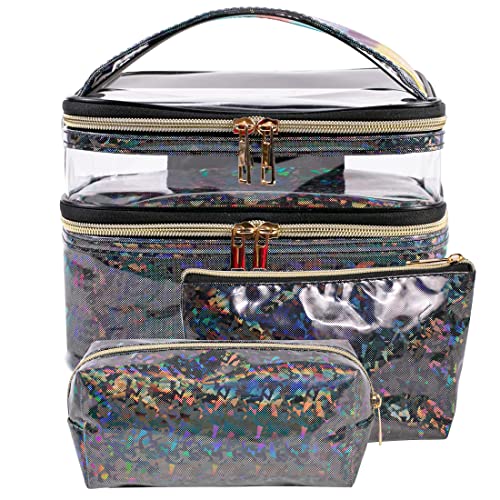 FITINI 3 Pieces Makeup Bags Double Layer Travel Large Holographic Cosmetic Cases Organizer Toiletry Bags Waterproof Small Zipper Pouch for Women Makeup Brush Storage Bag,Black