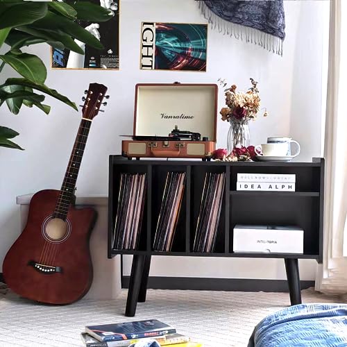 Record Player Stand with Vinyl Storage Holds Up to 300lb, Large Record Player Table Cabinet for Album Storage with Holder Vinyl Display Shelf, Wood Turntable Stand for Bedroom Living Room (Black)