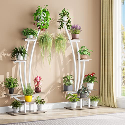 Tribesigns 6-Tier Tall Indoor Plant Stand Pack of 2, Metal Curved Display Shelf with 2 Hanging Hooks, Multi-Purpose Bonsai Flower Pots Plant Rack for Indoor, Garden, Balcony, Living Room