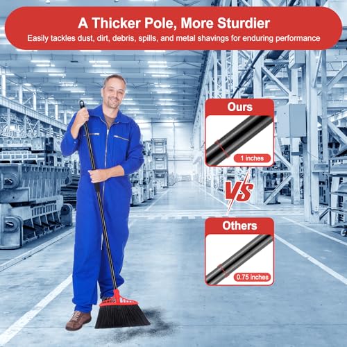 Tiumso Heavy Duty Broom, Outdoor Brooms, Commercial Broom for Sweeping Indoor, Kitchen Broom with 55" Long Handle, Angle Brooms for Patio Kitchen Shop Sidewalk - Black and Red