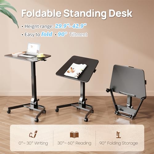 JYLH JOYSEEKER Foldable Mobile Standing Desk, Pneumatic Height Adjustable Rolling Sit Stand Desk, 90° Tiltable Portable Laptop Desk on Wheels, Mobile Desk Workstation for Home Office, Easy to Fold