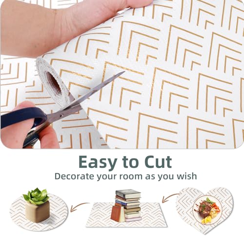 Shelf Liners for Kitchen Cabinets 12in x 20FT, Non Adhesive Cabinet Liner Strong Non-Slip Thickened Gold Green Geometric Drawer Liner, Easy to Clean for Shelf, Cabinet with Knife and Tape Measure
