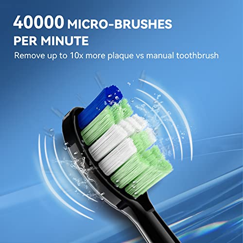 JTF Sonic Electric Toothbrush for Adults - Teeth Whitening Toothbrush with 6 Brush Heads and a Travel Case, Fast Charging for 60 Days Use Waterproof Toothbrushes, Black