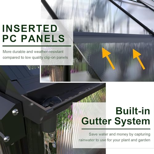 AMERLIFE 12x10x10FT Polycarbonate Greenhouse with 2 Sliding Doors 4 Vents Walk-in Premium Professional Greenhouse Storage Aluminum Large Hot House for Outdoor Sunroom Garden Backyard Matte, Black