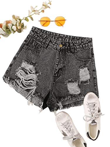 WDIRARA Women's High Waisted Raw Hem Distressed Ripped Casual Denim Shorts Grey XS