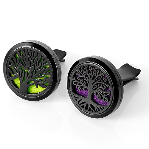 RoyAroma 2PCS Tree of Life Car Diffuser Aromatherapy Essential Oil Black Stainless Steel Locket with Vent Clip 12 Felt Pads