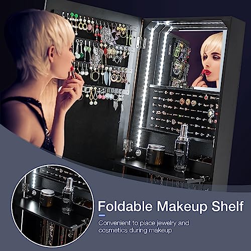 CHARMAID Jewelry Cabinet with LED Light Strip, 62.5'' Floor Jewelry Armoire with High Full Length Mirror, Vanity Mirror, Foldable Makeup Shelf, Jewelry Organizer Storage with 6 Drawers (Black)