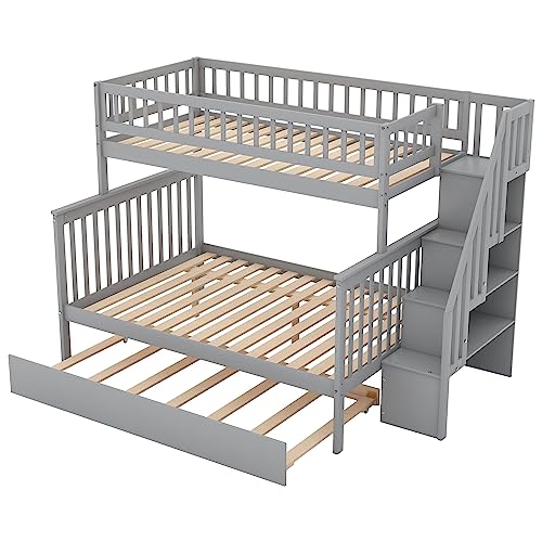 Harper & Bright Designs Bunk Beds Twin Over Full Size, Bunk Bed with Trundle,Storage Shelf and Stairway,Wood Bunk Beds with Full-Length Guard Rail for Kids and Teenagers,No Box Spring Needed, Grey