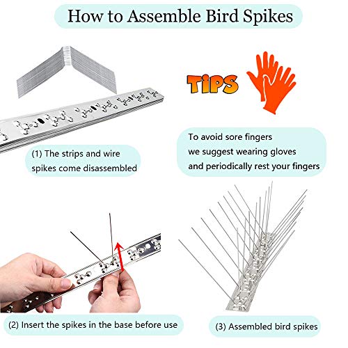 PANGCH Bird Spikes for Pigeons Small Birds,Stainless Steel Bird Spikes -No More Bird Nests & Poop-Disassembled Spikes 5 Strips 4.1 Feet Coverage