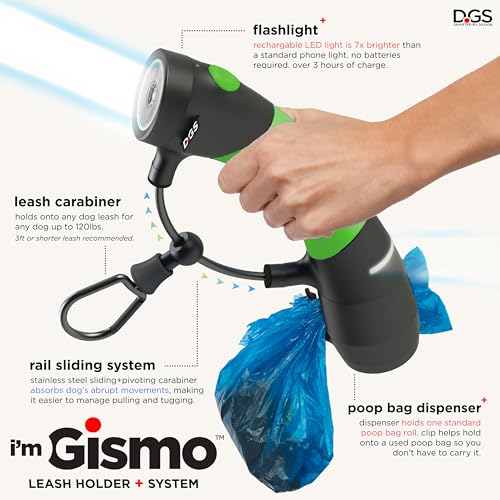 Dog Gone Smart Pet Products I'm Gismo Expandable Leash Handle System with Patented Rail System for Dog Walking- Electric Blue Handle with Poop Bag Dispenser + Rechargable Flashlight Connectable