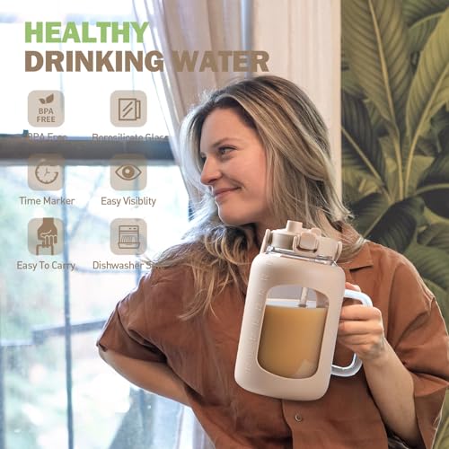 HYDRAGLAZIC 64oz Glass Water Bottle, Glass Tumblers with Straw and Handle, Cup with Silicone Sleeve, Wide Mouth Half Gallon Water Bottle with Time and Water Marker, Water Jug Amber