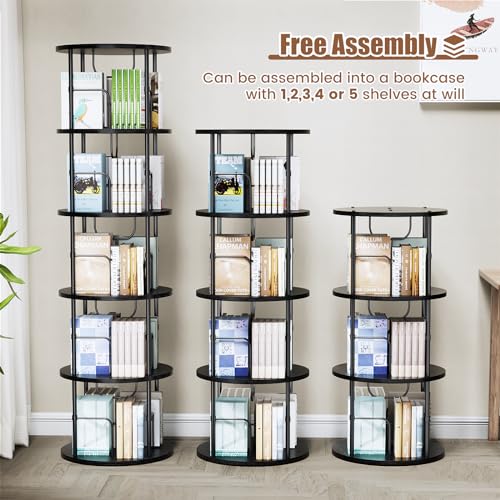 Rotating Bookshelf, 3 Tier Round Revolving Bookcase with Special Visible Partition Storage, 360° Display Spinning Bookshelf Tower Storage Organizer Rack for Bedroom, Living Room, Small Space, Black