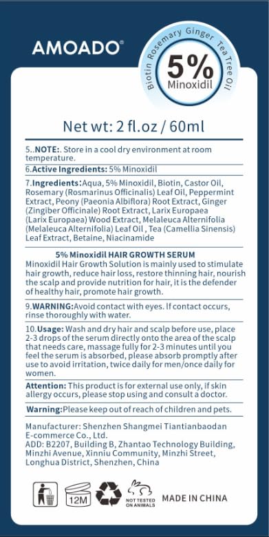 5% Minoxidil for Men and Women Hair Growth, AMOADO Minoxidil Serum with Rosemary&Biotin for Hair Regrowth, Beard Growth, Extra Strength,Thicker, Fuller Hair -2fl.oz