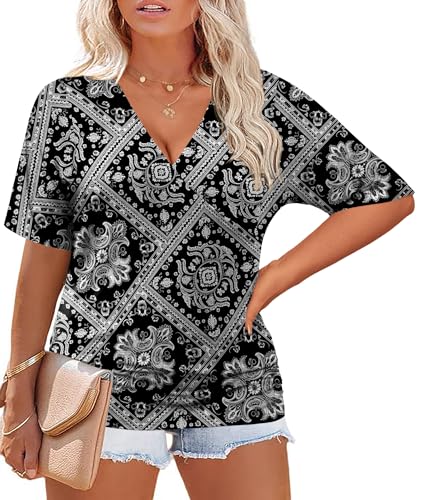 IN'VOLAND Womens Plus Size Tops V Neck Wrap Short Sleeve Shirts Casual Loose Dolman Top Tunic Blouses Black White
