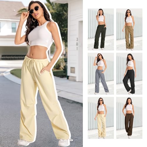 Chuhee Parachute Pants for Woman Baggy Cargo Pants Drawstring Elastic Waist Y2K Causal Trousers with Pockets Army Green S