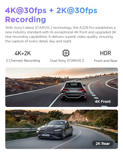 VIOFO A229 Pro 4K HDR Dash Cam, Dual STARVIS 2 IMX678 IMX675, 4K+2K Front and Rear Car Camera, 2 Channel with HDR, Voice Control, 5GHz WiFi GPS, Night Vision 2.0, 24H Parking Mode, Support 512GB Max