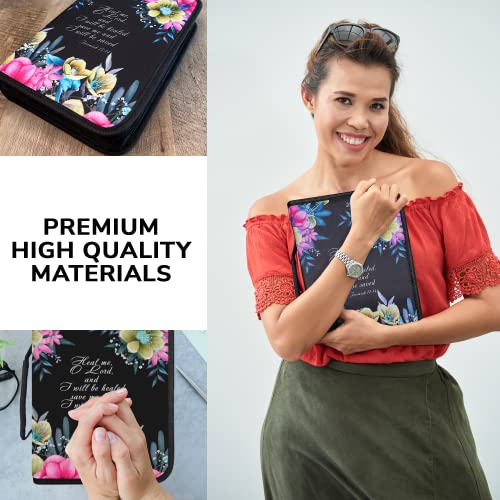 DEHITE Bible Cover Case for Women – Bible Carrying Bag Large Medium Size – | Fits Book 10.1 x 7 x 1.9 IN | Pen Slots | Zippered Pocket | Premium Fabric – Black Floral Bible Accessories Christian Gifts