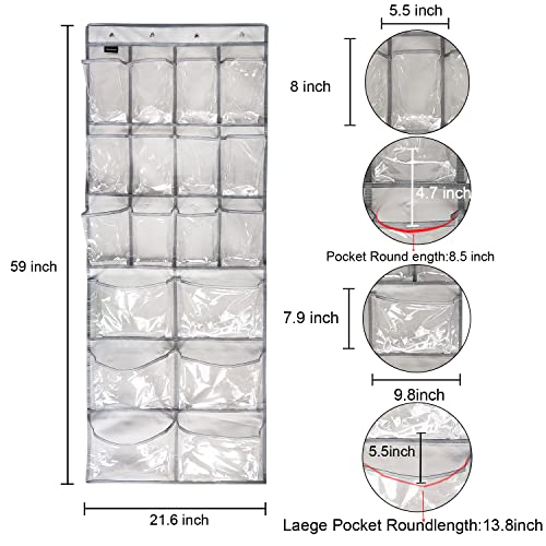 TidyMaster 2 Pack Extra Large Hanging Crystal Clear Over Door Shoe Organizers, Closet Shoe Rack Organizer, 12+6 Pockets, 8 Hooks, Grey (59" x 21.6")