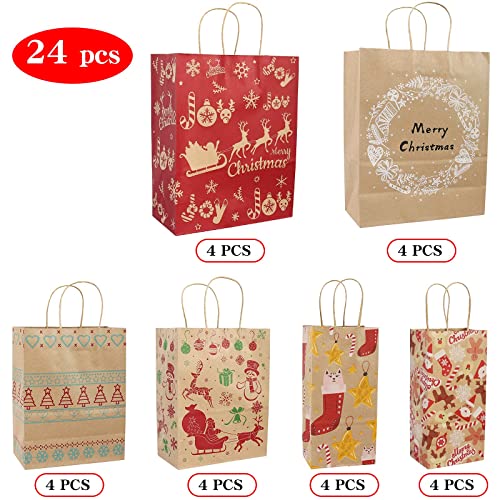 YDP Christmas Gift bags-24Count Kraft Assorted Sizes Holiday Wrapping Paper Gift Bag With Handle-Great for Christmas Gift For Women, Mum, Kids Dad (MIX, Xmas)
