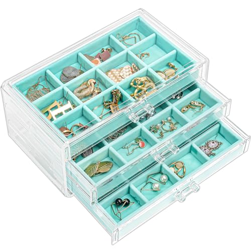 ProCase Earring Holder Organizer Jewelry Box with 3 Drawers, Acrylic Clear Earring Case with Adjustable Velvet Trays for Women - Aqua, 3 Layers