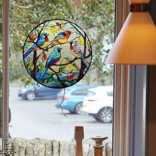 Huyfoig Cheerful Hummingbird Stained Glass Window Hanging, Birds on Branch Garden Suncatchers for Yard, Kitchen, Living Room, Hummingbird Gifts for Mom Grandma Teacher (Five Birds, 5.9"/15cm)