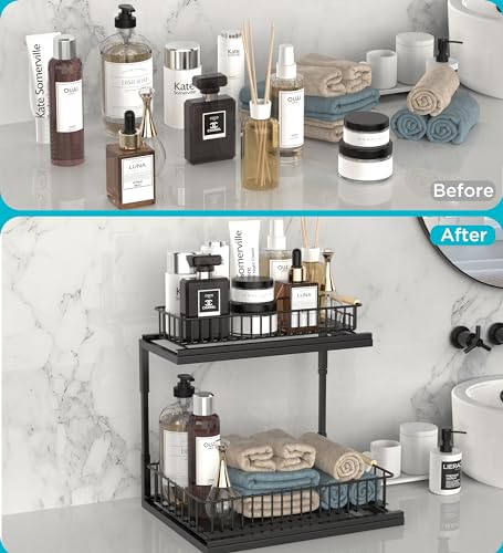 UBTKEY Under Sink Organizer, Pull-Out Cabinet Organizer 2 Tier Slide Out Sink Cabinet Storage Shelves, Under Sink Cabinet Organizer Storage for Kitchen Bathroom, Black