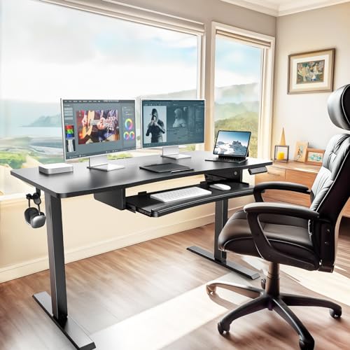 HUANUO 48" x 24" Electric Standing Desk with Large Keyboard Tray(26.7"), Adjustable Height Stand Up Desk for Home Office, 4 Memory Height Settings, 2 Headphone Hooks, Computer Workstation, Black