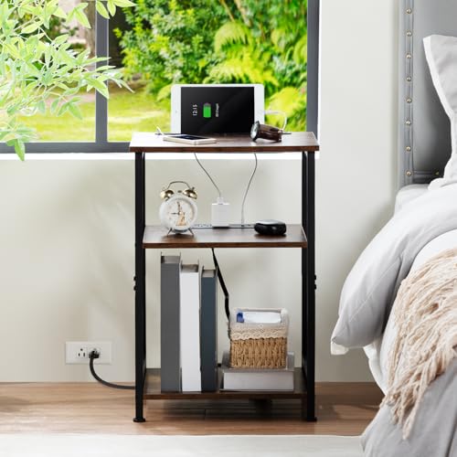 AMHANCIBLE Night Stand, Side Table, End Table with Charging Station, Nightstands Set of 2, Bedside Table Set of 2,Side Tables Bedroom Set of 2, Rustic Brown HET033BR