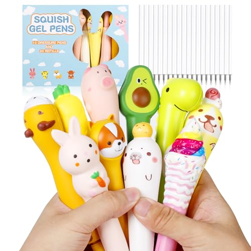 Pipigaty Kawaii Pens Squishies 10pk, gel ink Animals Fun Stationary, Great for Stress Relief, Cute Sponge Pens Set for Students With 20 Refills for Kids Students School Office