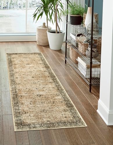 Morebes Vintage Entryway Rug,2x6 Bedside Rug Runner Non Slip, Washable Hallway Rug, Distressed Floral Kitchen Sink Door Mat Indoor Entrance Floor Carpet Runner for Dorm, Beige