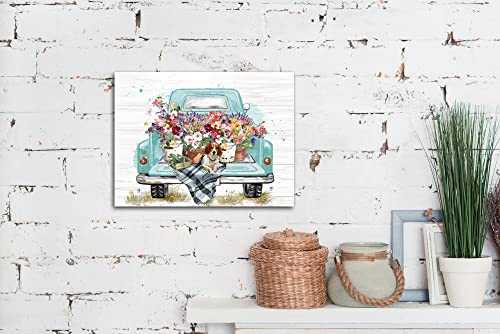 LAIART Old Truck with Flowers Farmhouse Rustic Style Decor Canvas Print Wall Art Bathroom Picture