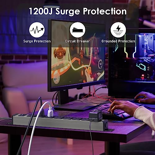 JUNNUJ Heavy Duty Power Strip Wall Mount, 15 Amp Surge Protector 1200J Metal 8 Outlet Under Desk Mounted 15A, Garage Power Bar Table Socket Industrial Outlets, 6FT 14AWG Extension Cord