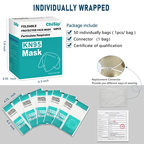 ChiSip Kn95 Face Masks 50 pack, Individually Wrapped Cup Dust Safety Masks 5 Layer Protection Mask for Adult, Men, Women, Indoor, Outdoor Use, White