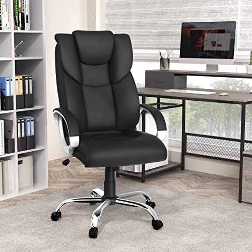 Office Chair, 350lbs Executive Leather Chair Home Office Desk Chairs, Ergonomic Computer Gaming Chair with Arm Padded, High Back Big and Tall Office Chairs with 360 Degree Rolling Wheels, Black