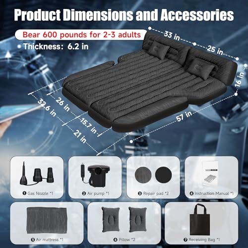 DikaSun Inflatable SUV Air Mattress Bed Car Mattress for SUV, Double-Sided Flocking Travel Camping Bed Car Air Mattress, Car Sleeping Mattress Bed for Universal SUV with Car Air Pump 2 Pillows