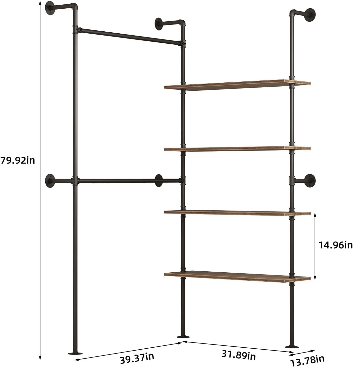 Woskar Industrial Pipe Clothing Rack, Hanging Rods Clothes Rack with Shelves, Clothes Rack for Wardrobe, Corner Closet System for Walk in Closets (Black)