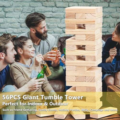 Aivalas Giant Timber Blocks Games, 56 Blocks Large Tower Outdoor Games - Includes Carry Bag and Scoreboard, Wood Stacking Yard Games Grows from 2FT to Over 4.2FT for Kids Adults Family