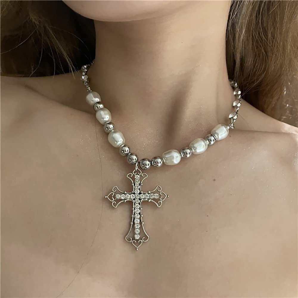 YRlilicc Vintage Gothic Shiny Rhinestone Cross Long Pendant Necklace Punk Pearl Beaded Choker Necklace Dainty Jewelry for Women