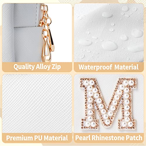 Y1tvei Gold MRS Letter Patch Cosmetic Toiletry Bag Pearl Rhinestone Varsity, PU Leather Bride Makeup Bag Waterproof Portable Zipper Small Clutch Purse Travel Organizer for Women Girls