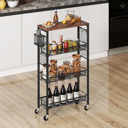 YITAHOME 4-Tier Slim Kitchen Storage Cart, Rolling Spice Rack Next to Fridge, 7.3“ Inch Deep Kitchen Trolley with Wheels, Wood Tabletop & Wire Mesh Baskets, Mobile Narrow Shelf, Black