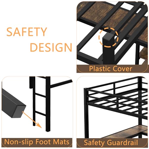 Full Size Loft Bed with Desk and Storage Shelves, Heavy Duty Metal Loft Bed with L-Shaped Desk and Ladder, Full Size Loft Bed for Kids, Teens, Black Loft Bed Full Size