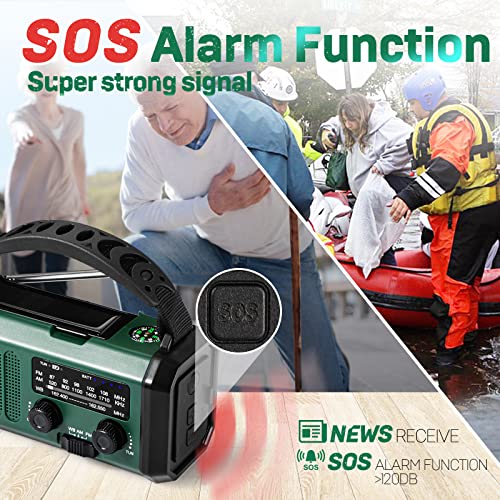 10000mAh Crank Radio, Emergency Radio,NOAA/AM/FM Weather Radio, Type-C Charge,Solar Charging,SOS, 3 Modes LED Torch, Reading Lamp, Compass for Outdoor Survival(Black)